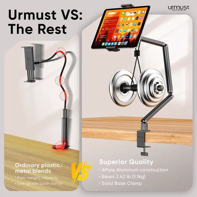 Alt view image 5 of 5 - Urmust Tablet Stand for Desk, Adjustable iPad Holder Clamp Mount, 360° Rotation, Sturdy Aluminum Tablet Arm Mount for 4.7"-13" iPad Pro/Air/Mini, iPhone, Galaxy Tab, for Kitchen, Work, Video Call
