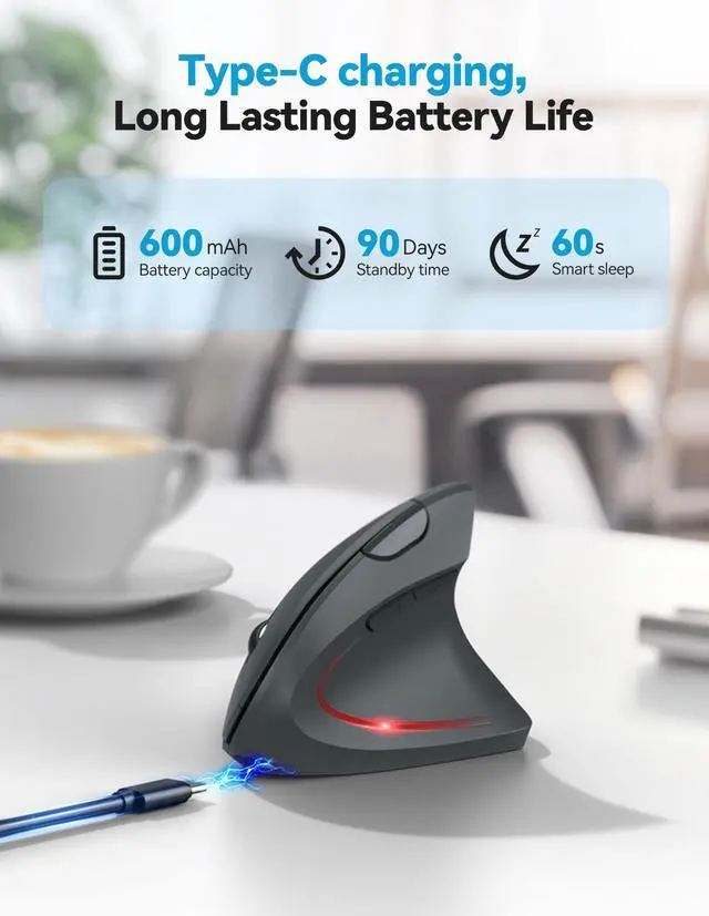 Alt view image 3 of 5 - TECKNET Ergonomic Mouse, Rechargeable 2.4G+Bluetooth Vertical Mice 6 DPI Adjustable, Wireless Optical Carpal Tunnel Mouse Right Hand, Multi Device for Laptop, PC, Computer, MacBook, iPad - Grey