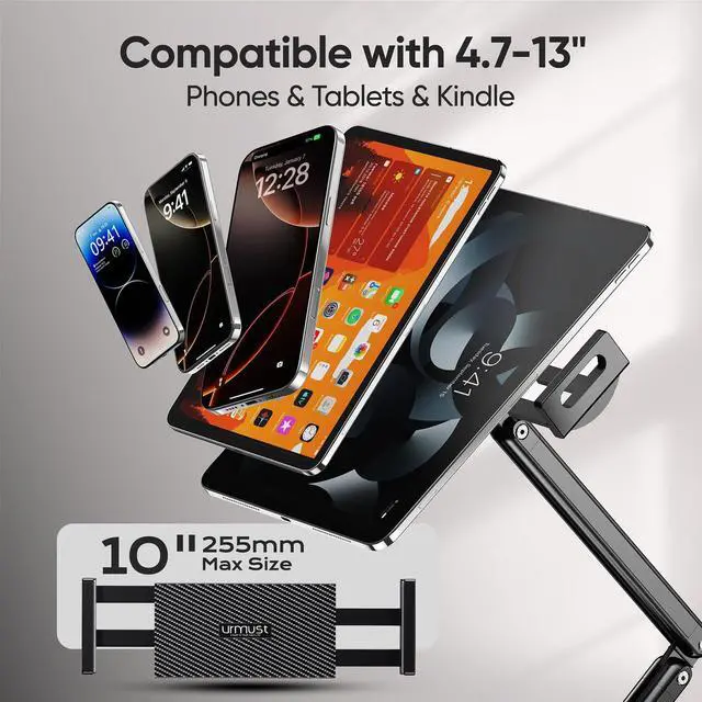 Alt view image 2 of 5 - Urmust Tablet Stand for Desk, Adjustable iPad Holder Clamp Mount, 360° Rotation, Sturdy Aluminum Tablet Arm Mount for 4.7"-13" iPad Pro/Air/Mini, iPhone, Galaxy Tab, for Kitchen, Work, Video Call