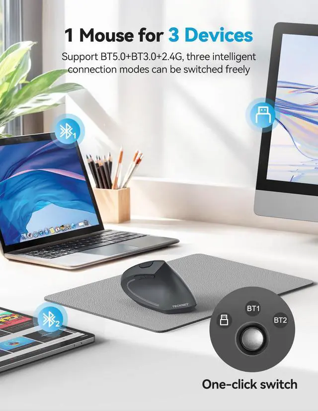 Alt view image 2 of 5 - TECKNET Ergonomic Mouse, Rechargeable 2.4G+Bluetooth Vertical Mice 6 DPI Adjustable, Wireless Optical Carpal Tunnel Mouse Right Hand, Multi Device for Laptop, PC, Computer, MacBook, iPad - Grey