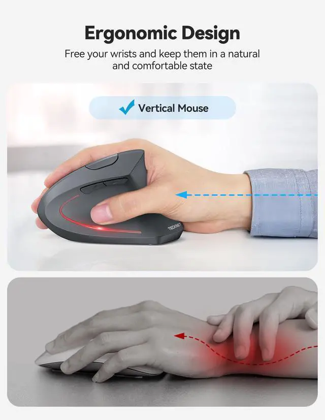 Alt view image 4 of 5 - TECKNET Ergonomic Mouse, Rechargeable 2.4G+Bluetooth Vertical Mice 6 DPI Adjustable, Wireless Optical Carpal Tunnel Mouse Right Hand, Multi Device for Laptop, PC, Computer, MacBook, iPad - Grey
