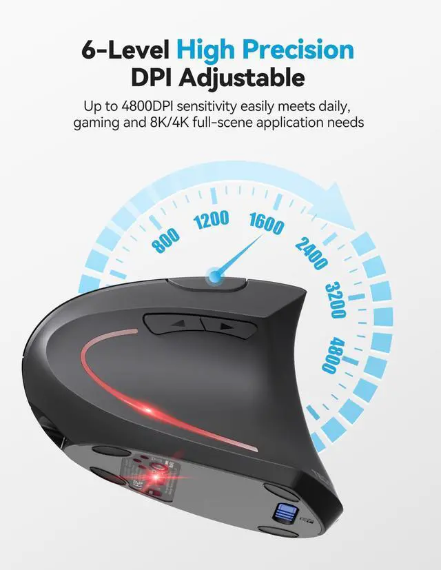 Alt view image 5 of 5 - TECKNET Ergonomic Mouse, Rechargeable 2.4G+Bluetooth Vertical Mice 6 DPI Adjustable, Wireless Optical Carpal Tunnel Mouse Right Hand, Multi Device for Laptop, PC, Computer, MacBook, iPad - Grey