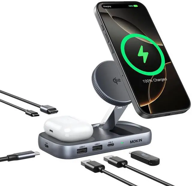 Main image of MOKiN USB C Hub with 15W Qi2 Wireless Charger, Laptop Docking Station to 4K HDMI, 100W PD, 10Gbps Ports, 15W+5W Wireless Charging Stand for iPhone 16/15/14/13 & Airpods, USBC Dock for MacBook/Windows