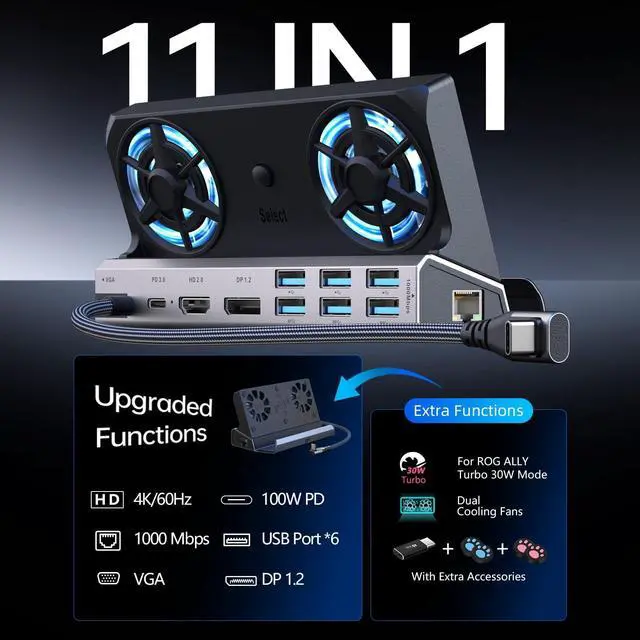 Alt view image 2 of 5 - Legion Go/ROG Ally/Steam Deck Dock - 11-in-1 Docking Station Dual Cool Fans Steam, 4K@60Hz, 6 USB Ports, VGA, DP, 100W PD Charging, Gigabit Ethernet Fit for Steam Deck