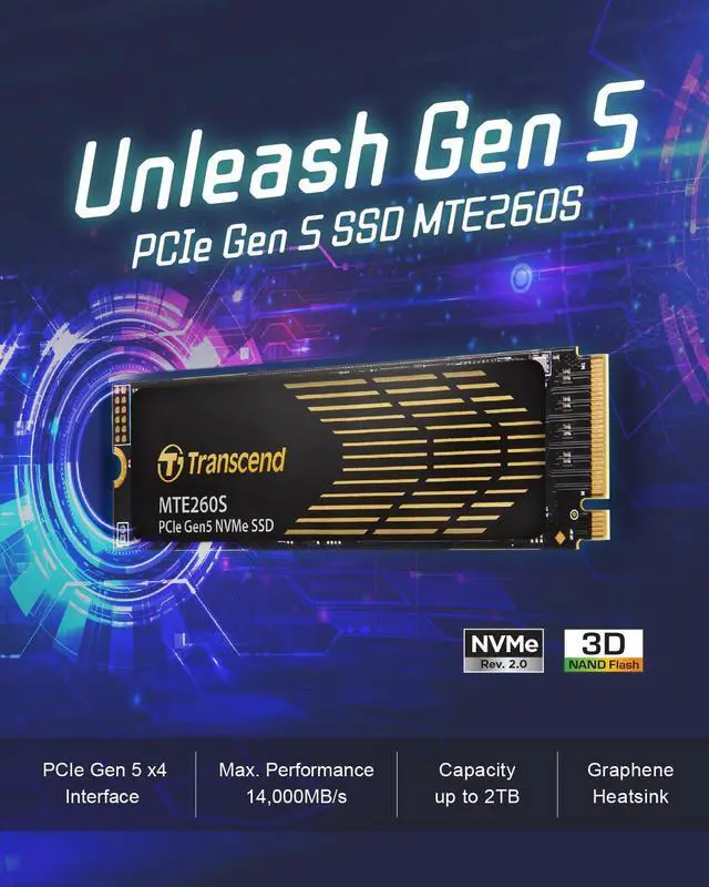 Alt view image 2 of 5 - Transcend 1TB Gen5 SSD with Heatsink, Up to 14,000MB/s, Storage Expansion for PS5 Consoles, Compatible with Desktops/Laptops, M.2 2280 PCIe 5.0 NVMe Gen5x4 Internal Solid State Hard Drive, 3D TLC NAND