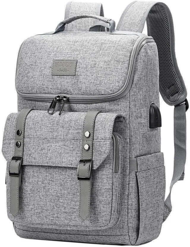 Main image of YALUNDISI Vintage Backpack Travel Laptop Backpack with usb Charging Port for Women & Men College Backpack Fits 15.6 Inch Laptop Grey