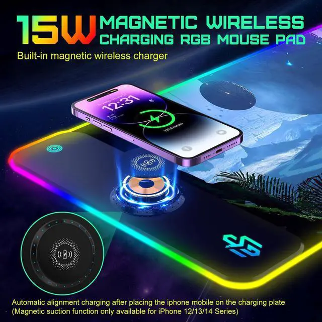 Alt view image 2 of 5 - GIM 15W Wireless Charging RGB Gaming Mouse Pad, LED Mouse Pad 800x300x4MM, 10 Light Modes Extra Large Mousepad Non-Slip Rubber Base RGB Desk Mat for Gaming, MacBook, PC, Laptop, Desk (Planetary)