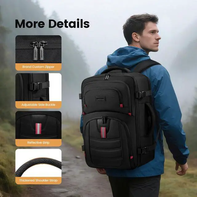 Alt view image 3 of 5 - LOVEVOOK Backpack Men - 17inch Travel laptop backpack 35L Large Carry On Backpack Personal Item Size, Airline Approved waterproof backpack with 3 Packing Cubes,Black&Red