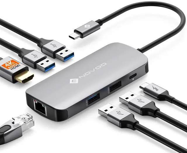 Main image of NOVOO USB C Hub Ethernet 4K@60 USB C HDMI Adapter Multiport Type C Adapter 4 USB 3.0 & USB2.0 Dongle 100W PD Dock Docking Station for MacBook Pro Air Apple iPad Pro Steam Deck Dell HP Lenovo 7-in-1