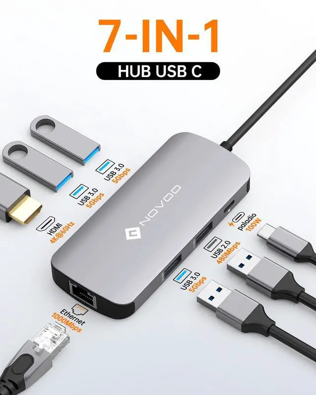 Alt view image 2 of 5 - NOVOO USB C Hub Ethernet 4K@60 USB C HDMI Adapter Multiport Type C Adapter 4 USB 3.0 & USB2.0 Dongle 100W PD Dock Docking Station for MacBook Pro Air Apple iPad Pro Steam Deck Dell HP Lenovo 7-in-1