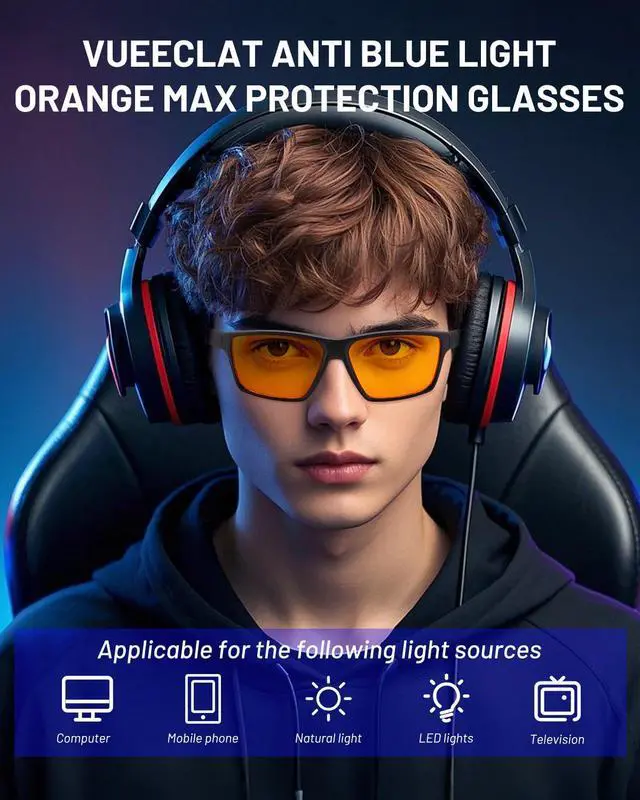 Alt view image 2 of 5 - VUEECECLAT Blue Light Blocking Glasses for Gamers & Digital Eye Strain Relief - 98% Sleep Zone Protection (380-500nm) | (0.78oz) Ultra-Light Frame with Orange Lens