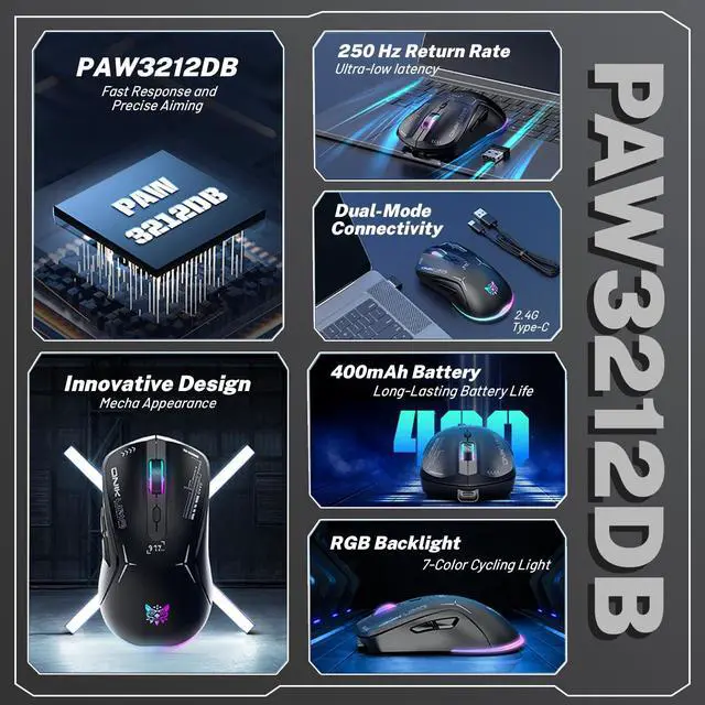 Alt view image 3 of 5 - Wireless Gaming Mouse, Dual Mode 2.4G/USB-C, 6 Programmable Buttons, Up to 4800 DPI, Lightweight 120g, RGB 7-Color Lighting, Long Battery Life, Ergonomic Design for PC/Mac/Laptop (Black)