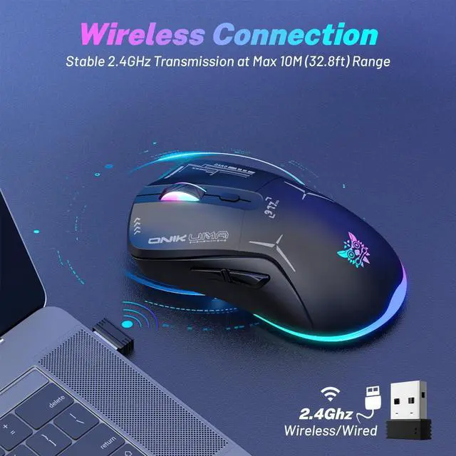 Alt view image 4 of 5 - Wireless Gaming Mouse, Dual Mode 2.4G/USB-C, 6 Programmable Buttons, Up to 4800 DPI, Lightweight 120g, RGB 7-Color Lighting, Long Battery Life, Ergonomic Design for PC/Mac/Laptop (Black)