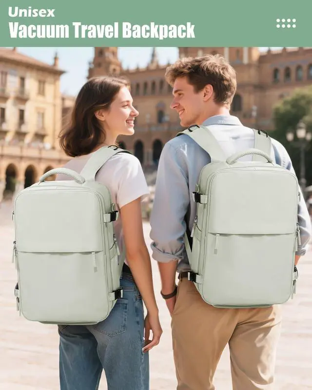 Alt view image 2 of 5 - Large Vacuum Seal Compression Travel Backpack for Women Men Air Vacpack Travel Vacuum Bags with Pump Laptop Backpack with Shoe Compartment Carry On Suitcase Luggage Flight Approved Mint Green