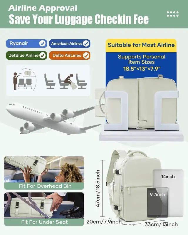 Alt view image 3 of 5 - Large Vacuum Seal Compression Travel Backpack for Women Men Air Vacpack Travel Vacuum Bags with Pump Laptop Backpack with Shoe Compartment Carry On Suitcase Luggage Flight Approved Mint Green