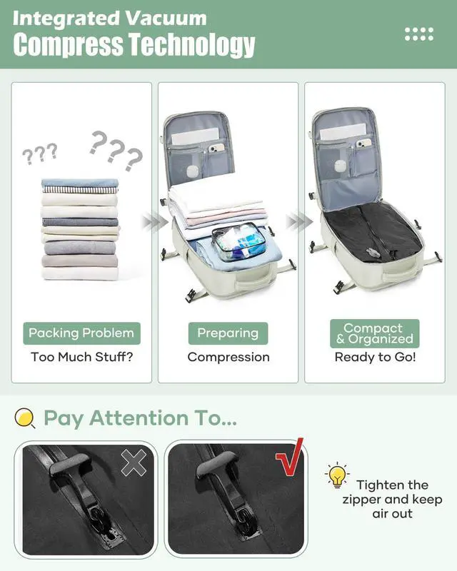 Alt view image 4 of 5 - Large Vacuum Seal Compression Travel Backpack for Women Men Air Vacpack Travel Vacuum Bags with Pump Laptop Backpack with Shoe Compartment Carry On Suitcase Luggage Flight Approved Mint Green