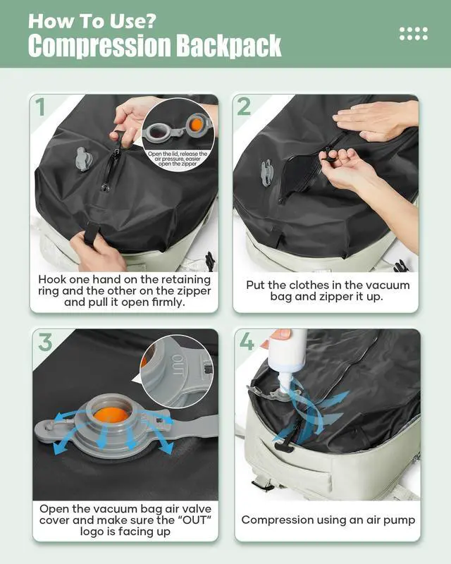 Alt view image 5 of 5 - Large Vacuum Seal Compression Travel Backpack for Women Men Air Vacpack Travel Vacuum Bags with Pump Laptop Backpack with Shoe Compartment Carry On Suitcase Luggage Flight Approved Mint Green