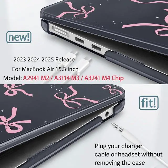Alt view image 3 of 5 - May Chen for M4 MacBook Air 15 inch Case A3241 A3114 M3 A2941 M2 2025 2024 2023 Release, Plastic Hard Shell for MacBook Air 15.3" with Retina Dispaly Fits Touch ID, Crystal Black Bow