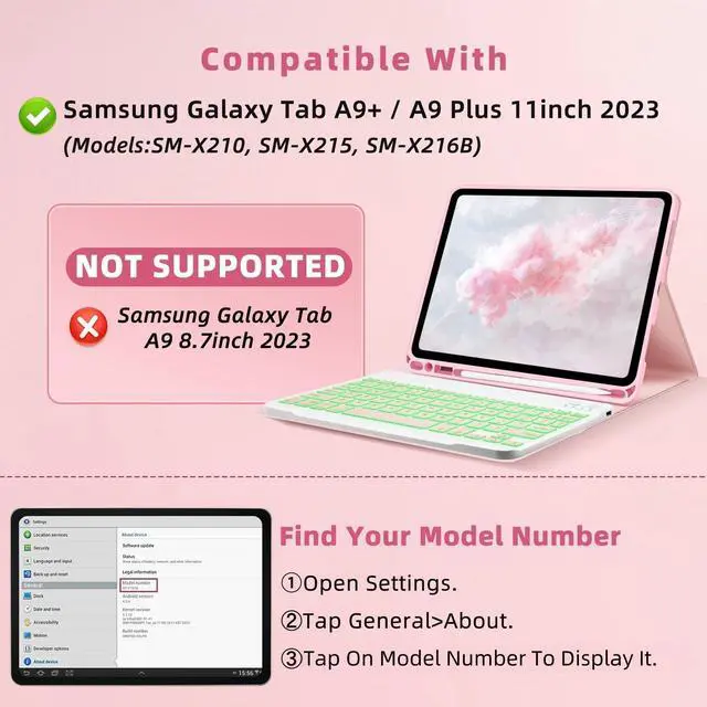 Alt view image 2 of 5 - Bxomteng Keyboard Case for Samsung Galaxy Tab A9+ / A9 Plus 11 inch - 7 Colors Backlit Keyboard Cover and Mouse (Pink)