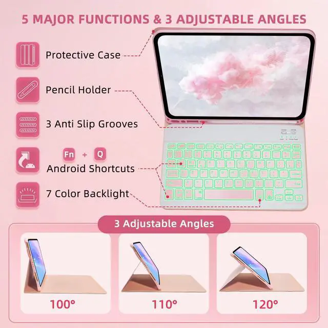 Alt view image 3 of 5 - Bxomteng Keyboard Case for Samsung Galaxy Tab A9+ / A9 Plus 11 inch - 7 Colors Backlit Keyboard Cover and Mouse (Pink)
