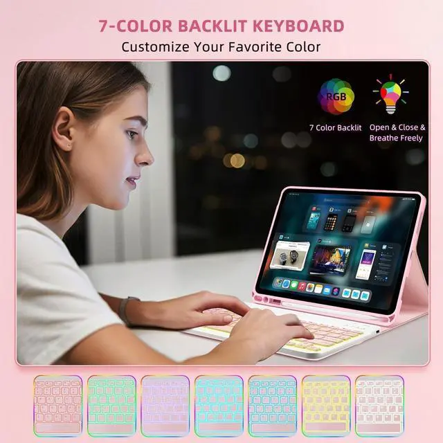 Alt view image 5 of 5 - Bxomteng Keyboard Case for Samsung Galaxy Tab A9+ / A9 Plus 11 inch - 7 Colors Backlit Keyboard Cover and Mouse (Pink)