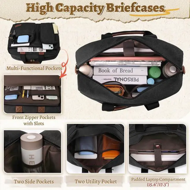 Alt view image 2 of 5 - Mens Laptop Messenger Bag 17.3 Inch Canvas Briefcase Waterproof Vintage Computer Bag Shoulder Bag Satchel Bags for Work College Travel