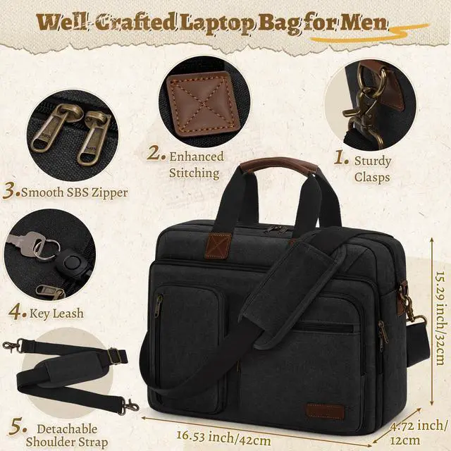 Alt view image 3 of 5 - Mens Laptop Messenger Bag 17.3 Inch Canvas Briefcase Waterproof Vintage Computer Bag Shoulder Bag Satchel Bags for Work College Travel