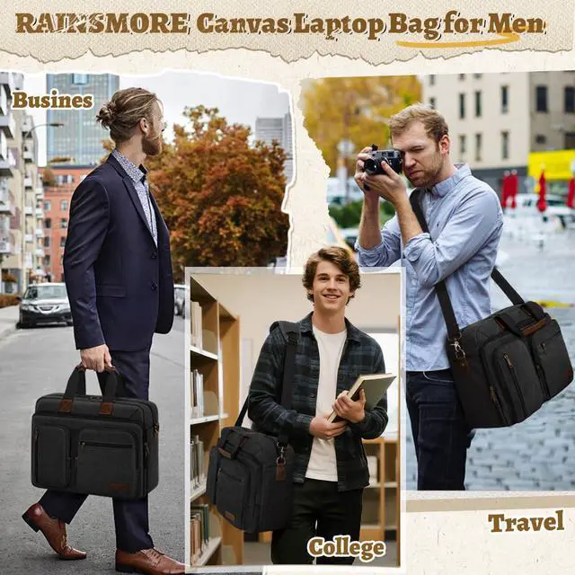 Alt view image 5 of 5 - Mens Laptop Messenger Bag 17.3 Inch Canvas Briefcase Waterproof Vintage Computer Bag Shoulder Bag Satchel Bags for Work College Travel