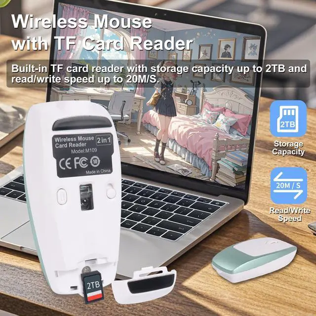 Alt view image 3 of 5 - Bluetooth Mouse Rechargeable Portable Mini Computer Mice with TF Card Reader 3 Adjustable DPI Optical Lightweight Silent Wireless Mouse for Laptop Tablet Cell Phone Windows Mac OS Android iOS, Green