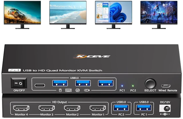 Main image of Quad Monitor KVM Switch 4 Monitors 2 Computers 1080P@60Hz,USB 3.0 KVM Switch Quad Monitor for 2 PC Share 4 Monitors and 4 USB Device,with Wired Remote and 2 USB Cables,Driver Installation is Required