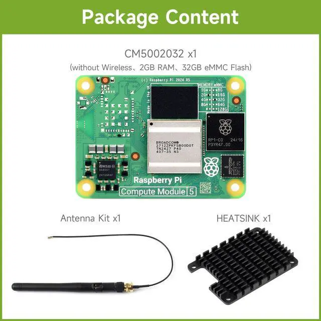 Alt view image 2 of 5 - Waveshare CM5 Pi Compute Module 5Comes with an Official Raspberry Pi CM5002032 (Without Wireless, 2GB RAM, 32GB eMMC Flash), an Antenna Kit and a HEATSINK (3 Items)