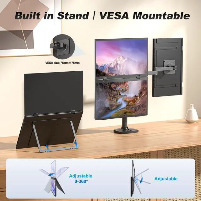 Alt view image 3 of 5 - CUIUIC Dual Portable Monitor, 15.6" 1080P FHD IPS Folding Stacked Triple Laptop Screen Extender, USB-C Plug & Play Travel Extended Computer Display for Laptop PC Windows Mac w/Stand & VESA Mountable
