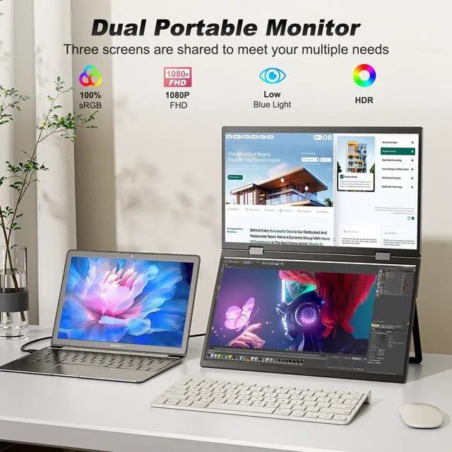 Alt view image 2 of 5 - CUIUIC Dual Portable Monitor, 15.6" 1080P FHD IPS Folding Stacked Triple Laptop Screen Extender, USB-C Plug & Play Travel Extended Computer Display for Laptop PC Windows Mac w/Stand & VESA Mountable
