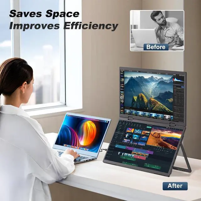 Alt view image 4 of 5 - CUIUIC Dual Portable Monitor, 15.6" 1080P FHD IPS Folding Stacked Triple Laptop Screen Extender, USB-C Plug & Play Travel Extended Computer Display for Laptop PC Windows Mac w/Stand & VESA Mountable