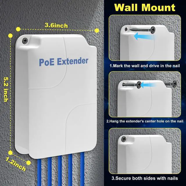 Alt view image 5 of 5 - PoE Extender Gigabit, 5 Port PoE Repeater, 1 in 4 Out, 90W in 60W Out, Extends 100m, Vlan, IEEE802.3af/at/bt for IP Camera, PoE Power AP, IP Telephone, 10/100/1000Mbps, Wall Mount