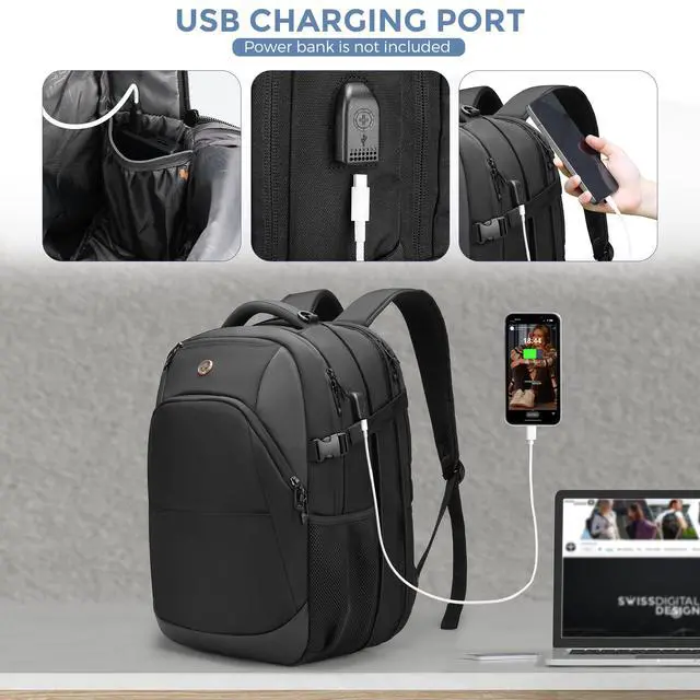 Alt view image 4 of 5 - Swissdigital Design Travel Laptop Backpack, 35L Expandable Large College Laptops Backpack with USB Charging Port for Men and Women Fits 17 Inch Notebook, Black | ANDWIL PRO