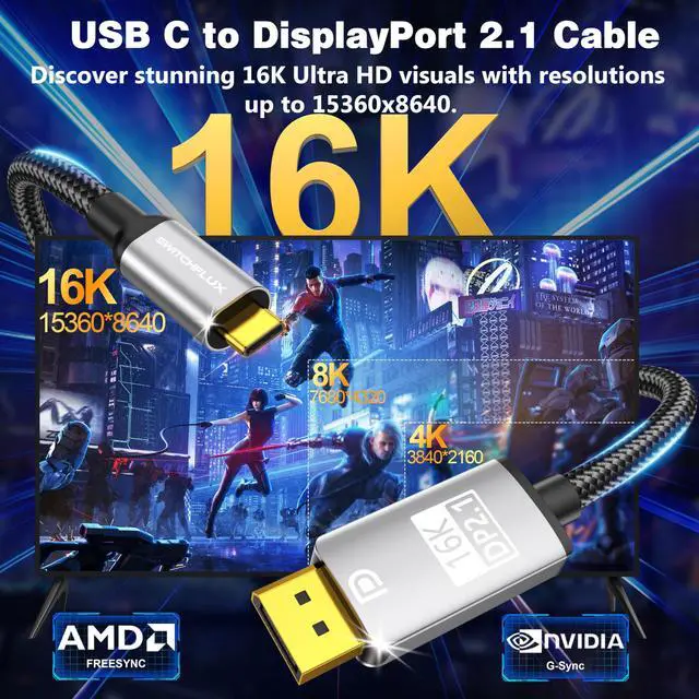 Alt view image 2 of 5 - SWITCHFLUX USB C to DisplayPort 2.1 Cable [16K@30Hz 8K@120Hz 4K@240Hz] 40Gbps Type C to Display Port Cord Thunderbolt 4/3 Compatible with iPhone 16/15 Pro Max, MacBook Pro/Air, iPad, Mac mini - 6FT