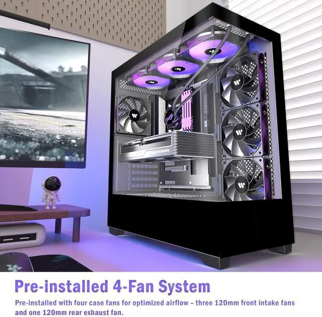 Alt view image 2 of 5 - KEDIERS PC CASE ATX 4 Fans Pre-Installed, Type-C Mid Tower Computer Case with Full-View Dual Tempered Glass, Gaming PC Case,Black,P4