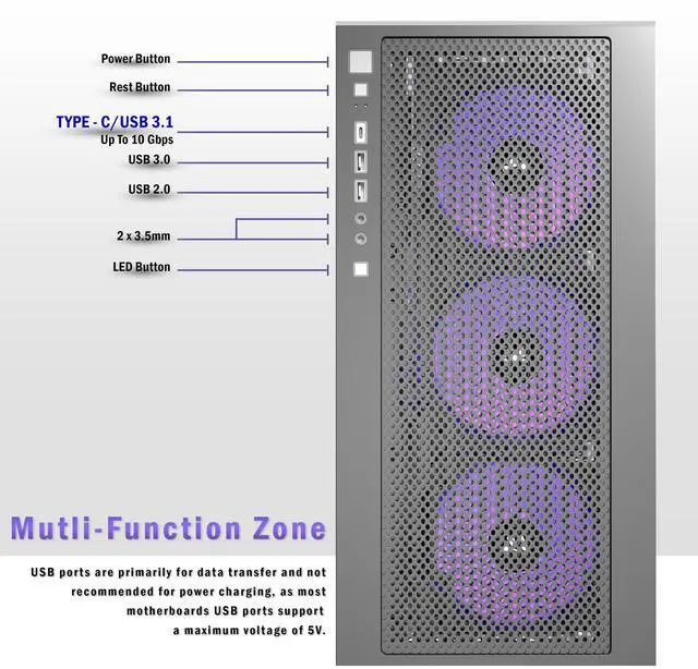 Alt view image 4 of 5 - KEDIERS PC CASE ATX 4 Fans Pre-Installed, Type-C Mid Tower Computer Case with Full-View Dual Tempered Glass, Gaming PC Case,Black,P4