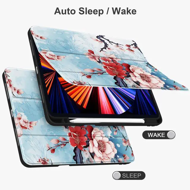 Alt view image 3 of 5 - Yebiseven Case for iPad Air 5th/Air 4th Generation 2022 2020, Clear Acrylic Back Shell for iPad Air 10.9 inch, Shockproof Tablet Case with Auto Sleep/Wake + Pencil Holder, Natural Flowers