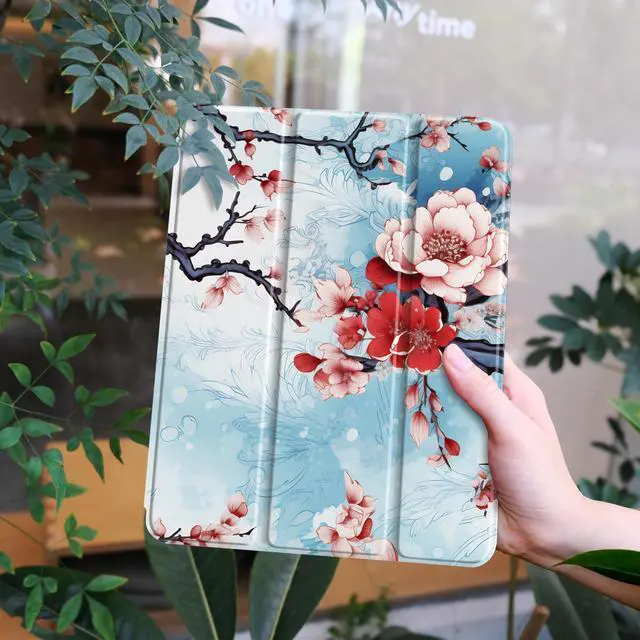 Alt view image 2 of 5 - Yebiseven Case for iPad Air 5th/Air 4th Generation 2022 2020, Clear Acrylic Back Shell for iPad Air 10.9 inch, Shockproof Tablet Case with Auto Sleep/Wake + Pencil Holder, Natural Flowers