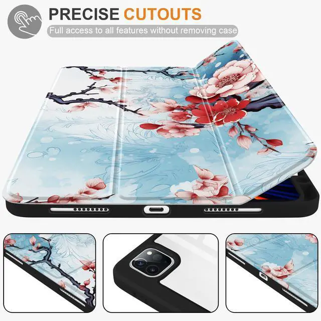 Alt view image 5 of 5 - Yebiseven Case for iPad Air 5th/Air 4th Generation 2022 2020, Clear Acrylic Back Shell for iPad Air 10.9 inch, Shockproof Tablet Case with Auto Sleep/Wake + Pencil Holder, Natural Flowers