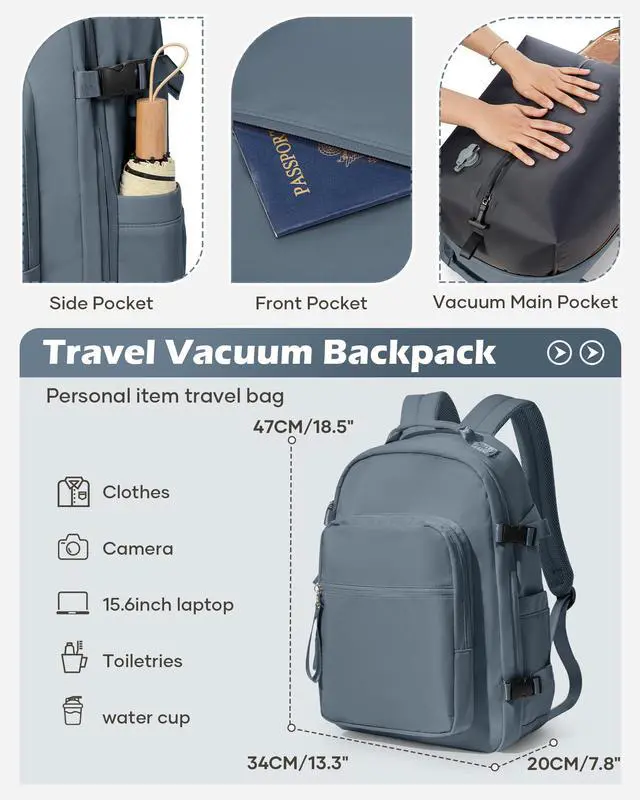 Alt view image 2 of 5 - bergsalz Vacuum Backpack With Pump,Travel Laptop Backpacks For Women Men,Airback Backpacks With Vacuum Compression Bags Seal Packing,Carry On Backpack, Personal Item Travel Bag Sapphire Blue