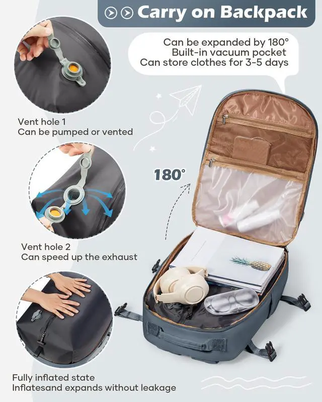 Alt view image 3 of 5 - bergsalz Vacuum Backpack With Pump,Travel Laptop Backpacks For Women Men,Airback Backpacks With Vacuum Compression Bags Seal Packing,Carry On Backpack, Personal Item Travel Bag Sapphire Blue