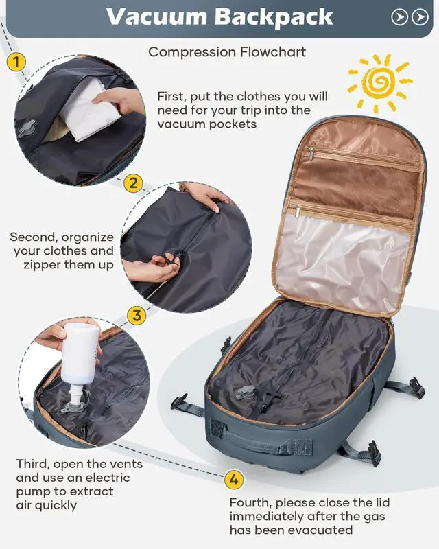 Alt view image 4 of 5 - bergsalz Vacuum Backpack With Pump,Travel Laptop Backpacks For Women Men,Airback Backpacks With Vacuum Compression Bags Seal Packing,Carry On Backpack, Personal Item Travel Bag Sapphire Blue