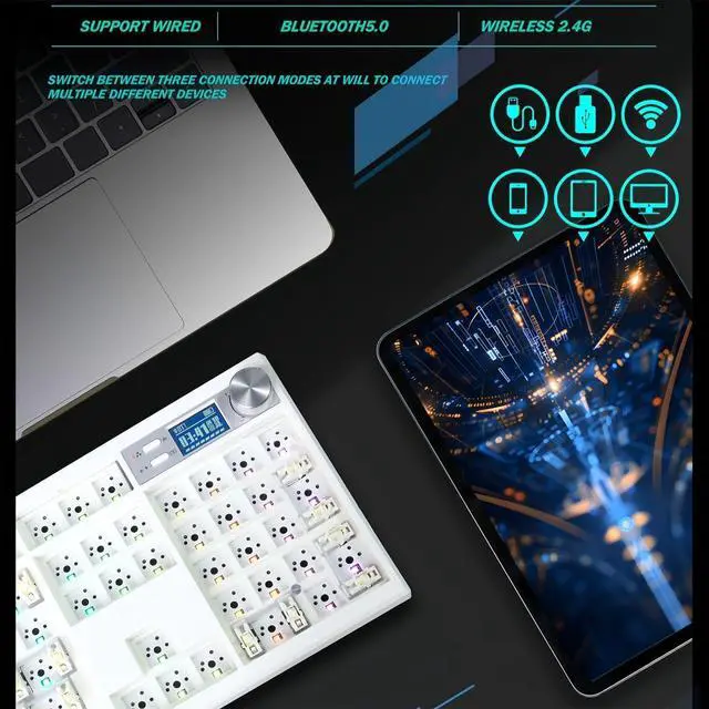 Alt view image 3 of 5 - GMK104 Barebones Keyboard Kit with Screen&Knob,QMK/VIA Programmable BT5.0/2.4GHz/Type-C Tri-Mode Gasket Mounted Hot Swap RGB Backlit Full Size Custom PCB Kit DIY Mechanical Keyboard for Win/Mac(White)