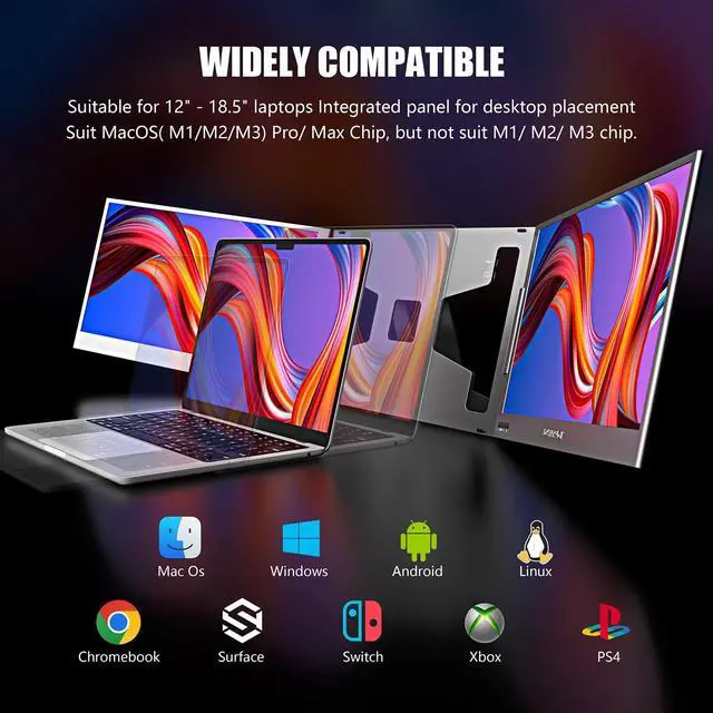 Alt view image 3 of 5 - Dual Screen Laptop Monitor Extender, 15.6" Fully Compatible Laptop Triple Screen Extender, FHD 1080P IPS Portable Monitor for Laptops 12~17 inch, Plug & Play with USB-C for Win/Mac/PS5/Switch/PS4