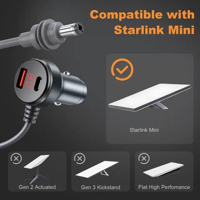 Alt view image 4 of 5 - Gtaywell Starlink Mini Cable 3-in-1, Starlink Mini Car Adapter with Digital Display Durable USB C PD 40W and USB A 35W Ports for Trucks and Cars 5M/16.5Ft