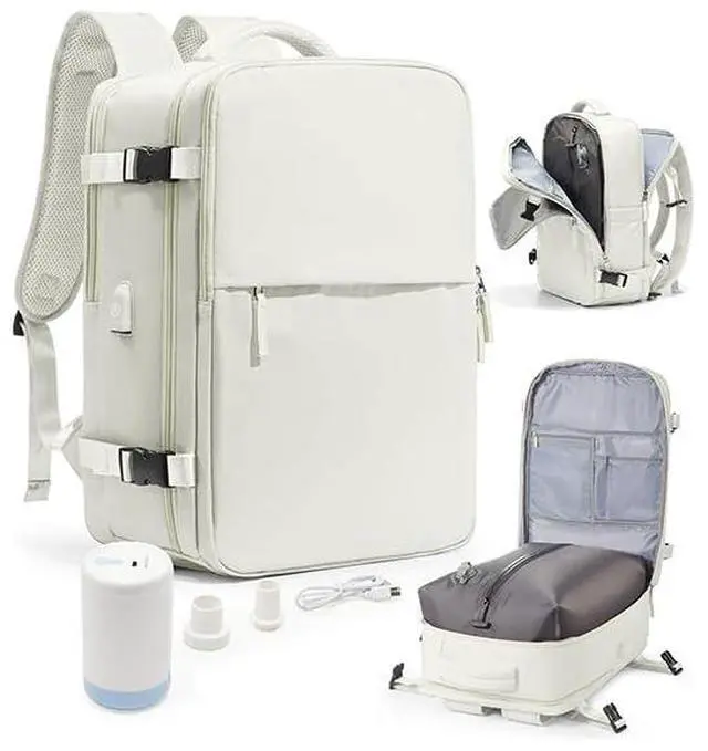 Main image of Vacuum Seal Travel Backpack with Air Pump,Compression Vacpack Waterproof Carry On Backpack for Travel Women Men with Vacuum System,Airlines Approved Daypack Laptop Space Saver Bags,MoonWhite