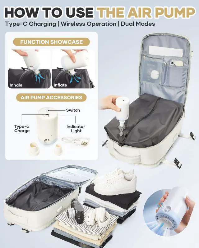 Alt view image 2 of 5 - Vacuum Seal Travel Backpack with Air Pump,Compression Vacpack Waterproof Carry On Backpack for Travel Women Men with Vacuum System,Airlines Approved Daypack Laptop Space Saver Bags,MoonWhite